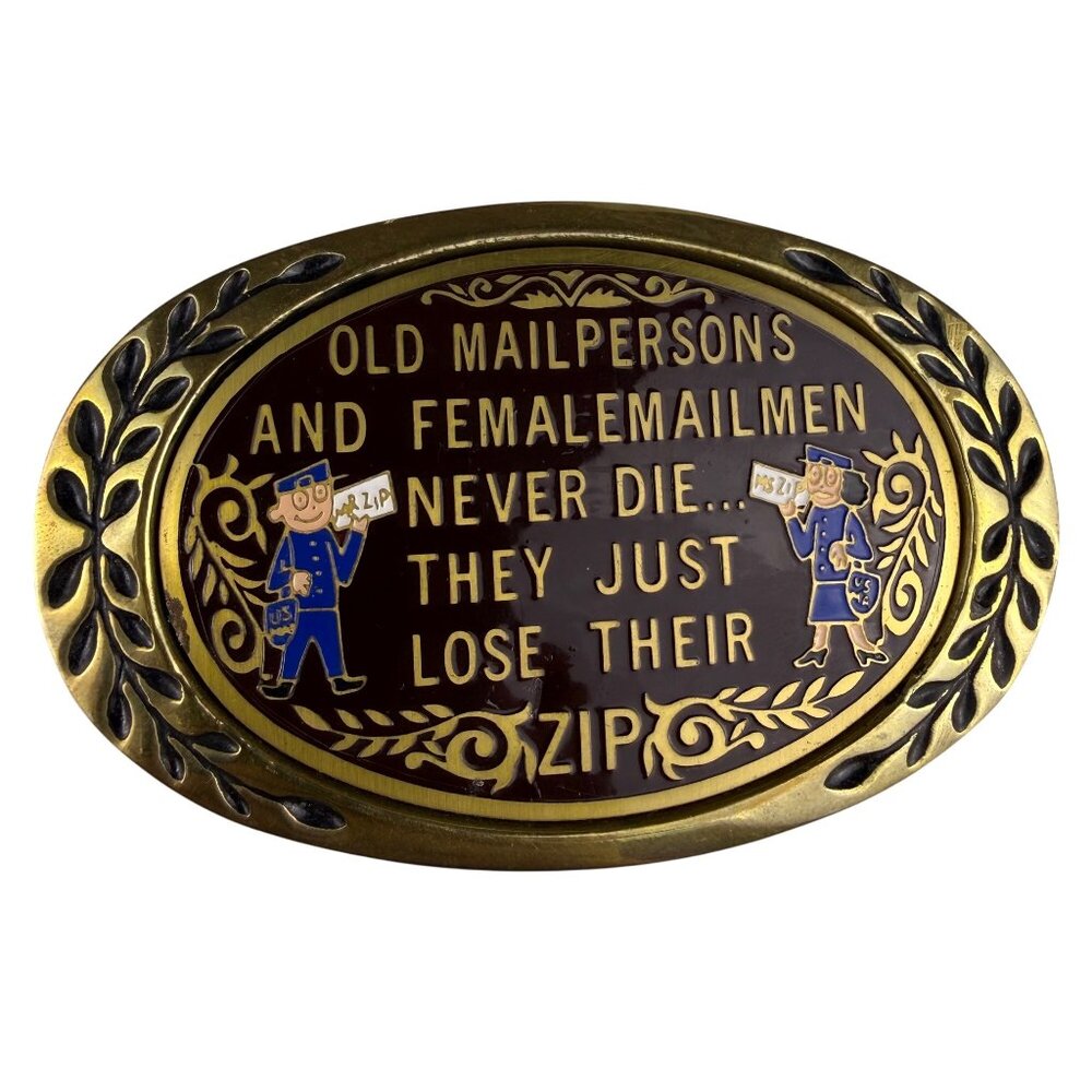 Heritage Buckles Unisex Gold & Brown Solid Brass Mailperson Humorous Belt Buckle